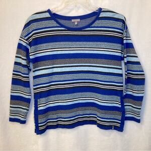T by Talbots Blue/Gray Striped 100% Cotton Knit Sweater Size M Petite